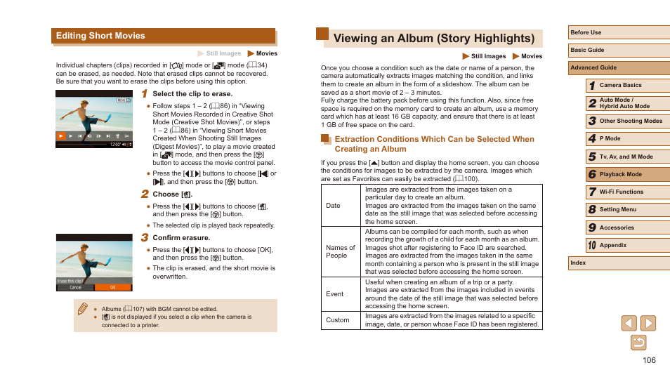 Editing short movies, Viewing an album (story highlights), Individual chapters can be edited (= 106) | Highlights album (= 106), Creating an album (= 106) | Canon PowerShot SX540 HS User Manual | Page 106 / 186