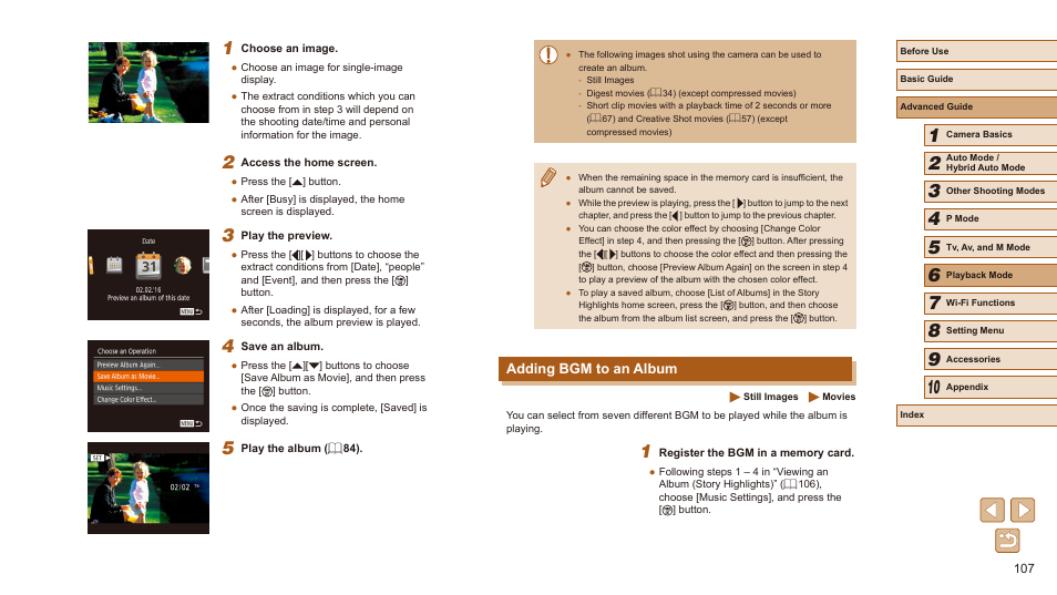 Adding bgm to an album, Albums (= 107) with bgm cannot be edited | Canon PowerShot SX540 HS User Manual | Page 107 / 186