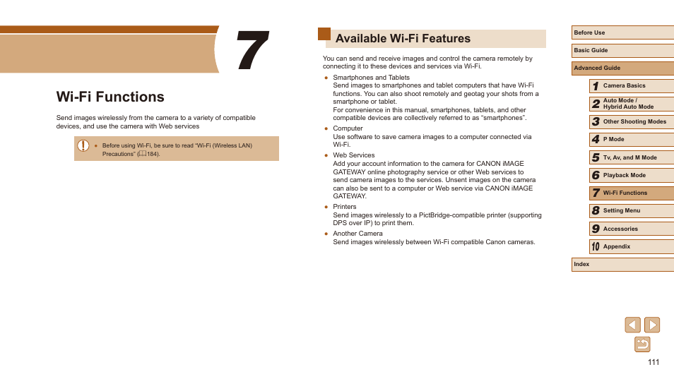 7 wi-fi functions, Available wi-fi features, Wi-fi functions | Canon PowerShot SX540 HS User Manual | Page 111 / 186