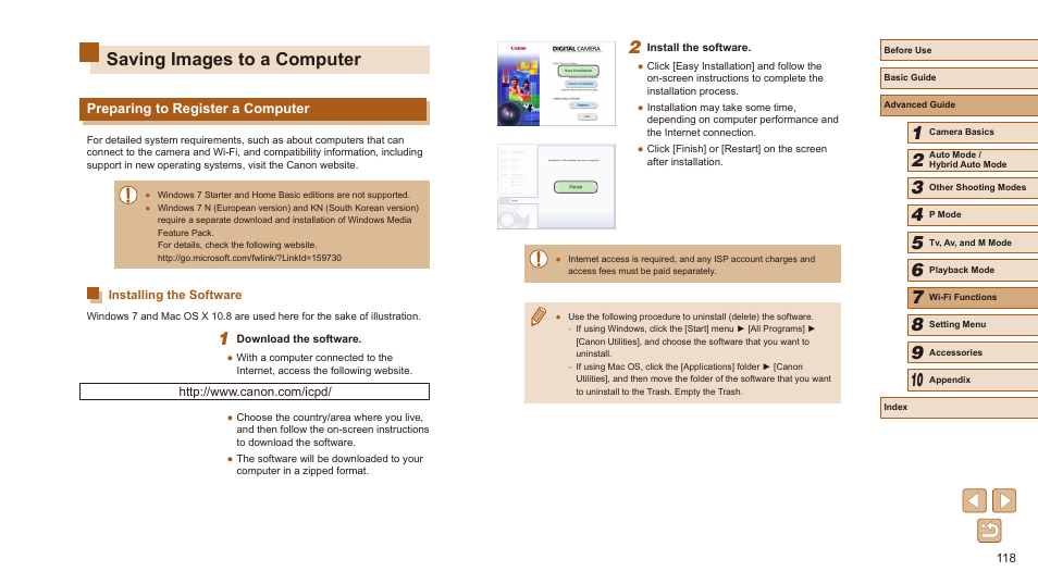Saving images to a computer, Preparing to register a computer, Installing the software | Canon PowerShot SX540 HS User Manual | Page 118 / 186
