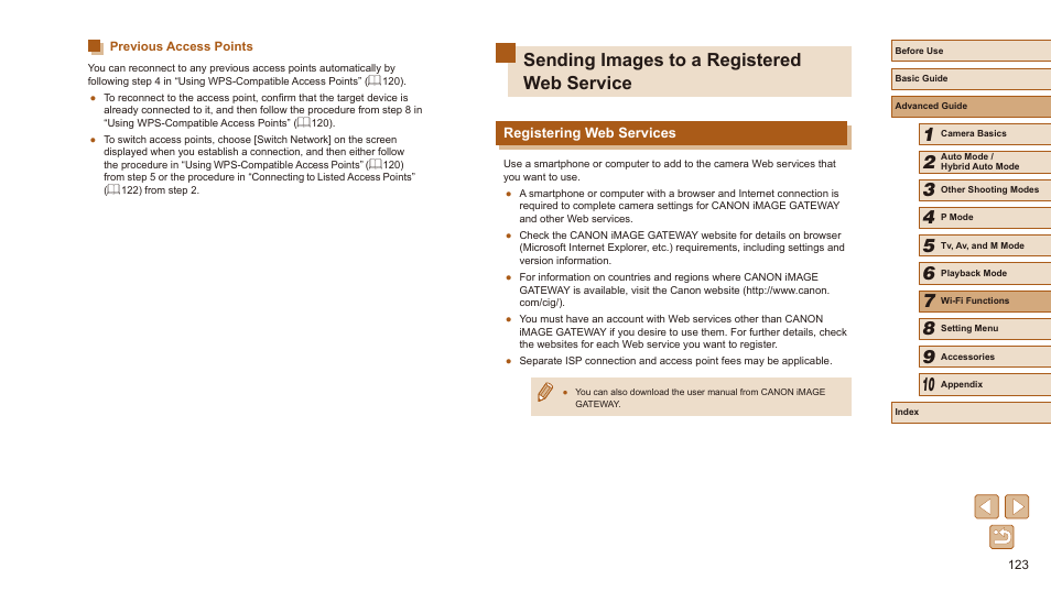 Previous access points, Sending images to a registered web service, Registering web services | Canon PowerShot SX540 HS User Manual | Page 123 / 186