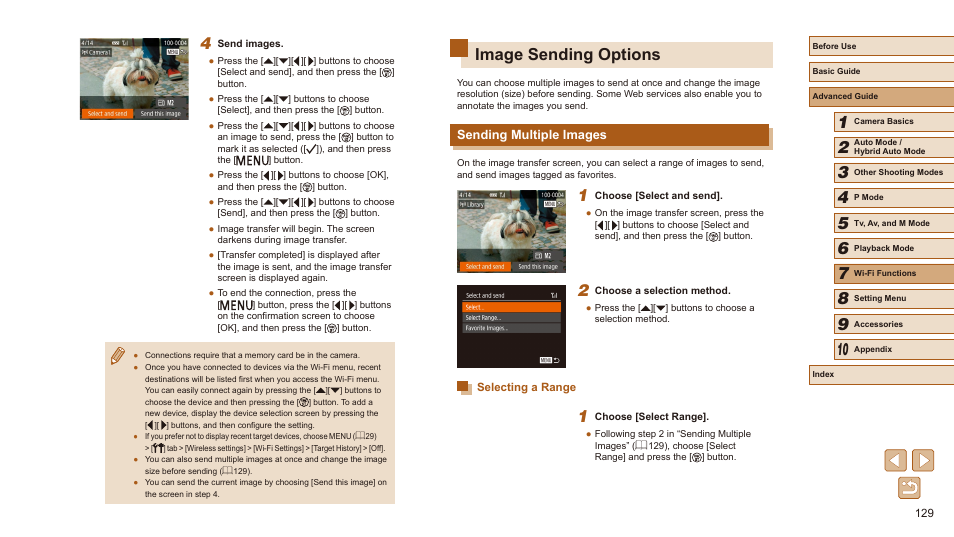 Image sending options, Sending multiple images, Selecting a range | Size before sending (= 129) | Canon PowerShot SX540 HS User Manual | Page 129 / 186