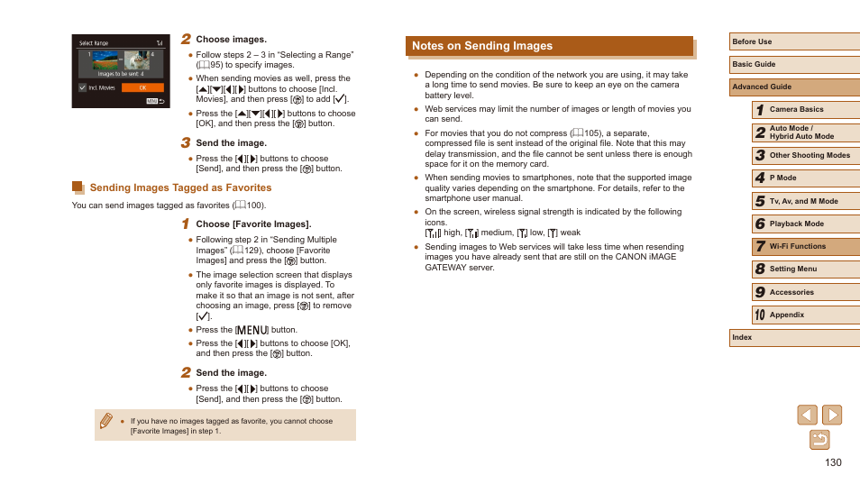 Sending images tagged as favorites, Notes on sending images | Canon PowerShot SX540 HS User Manual | Page 130 / 186
