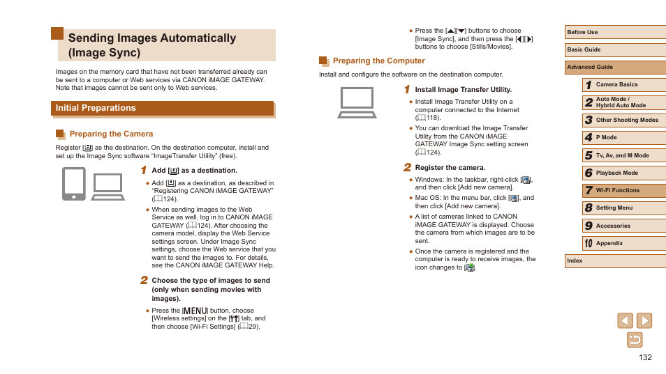 Sending images automatically (image sync), Initial preparations, Preparing the camera preparing the computer | 132) and canon image | Canon PowerShot SX540 HS User Manual | Page 132 / 186