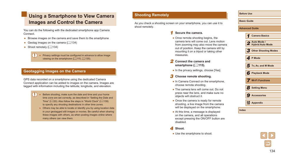 Geotagging images on the camera shooting remotely, Shooting remotely, Geotagging images on the camera | Canon PowerShot SX540 HS User Manual | Page 134 / 186