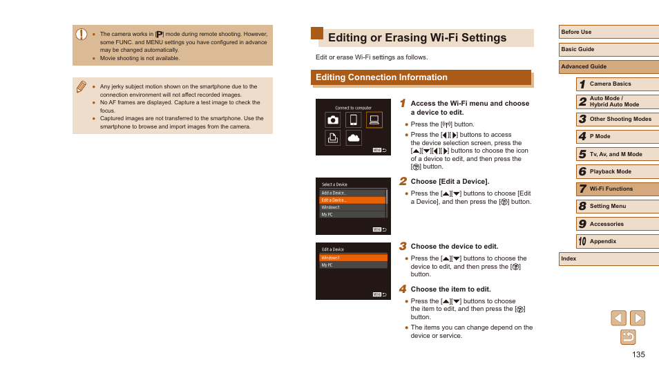 Editing or erasing wi-fi settings, Editing connection information | Canon PowerShot SX540 HS User Manual | Page 135 / 186