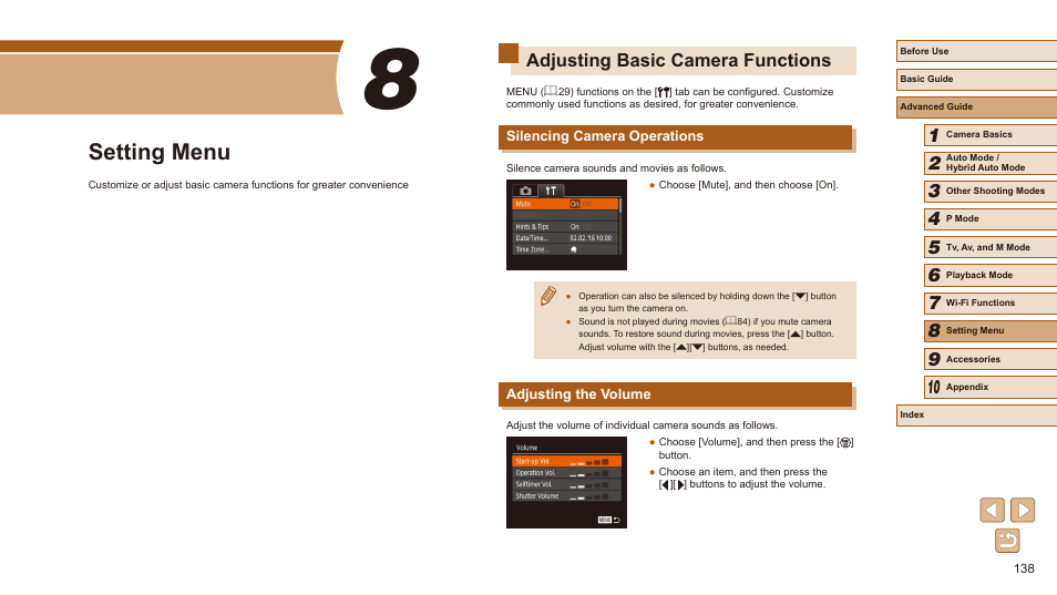 8 setting menu, Adjusting basic camera functions, Silencing camera operations adjusting the volume | Setting menu | Canon PowerShot SX540 HS User Manual | Page 138 / 186