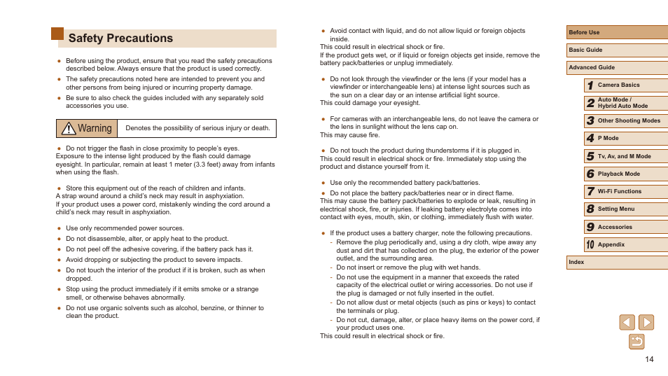 Safety precautions, Warning | Canon PowerShot SX540 HS User Manual | Page 14 / 186