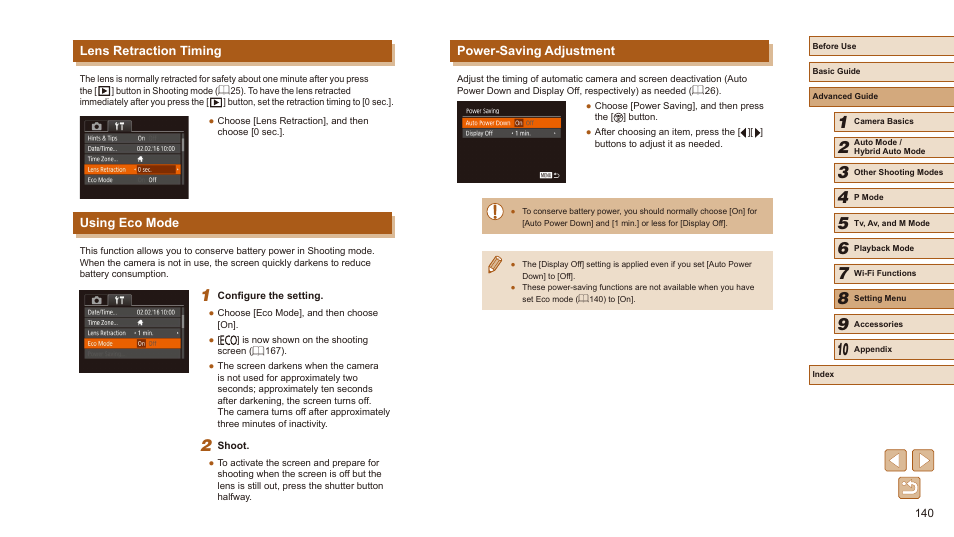 Power-saving adjustment, Lens retraction timing, Using eco mode | Canon PowerShot SX540 HS User Manual | Page 140 / 186