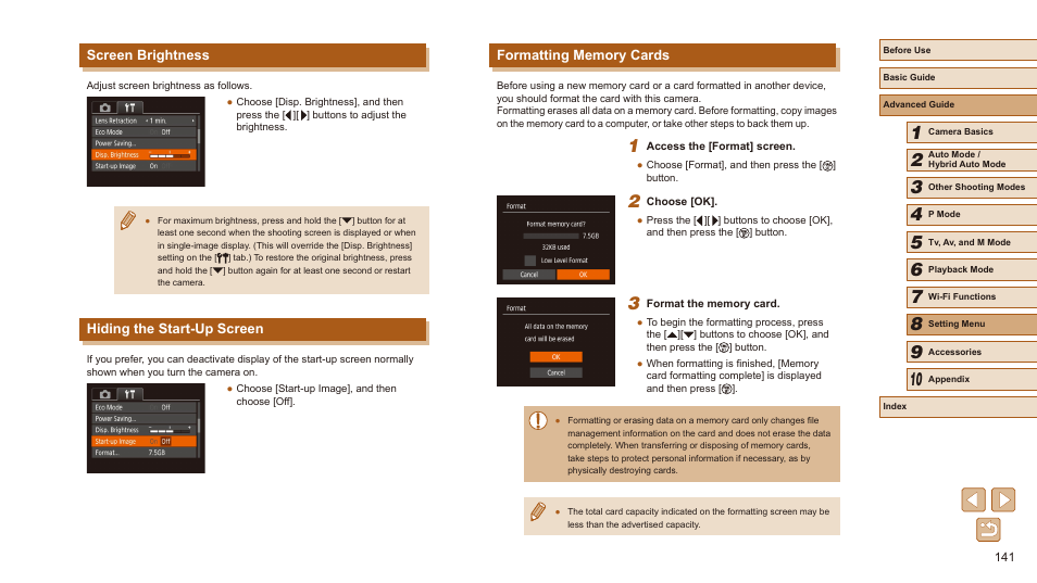 Screen brightness, Hiding the start-up screen | Canon PowerShot SX540 HS User Manual | Page 141 / 186