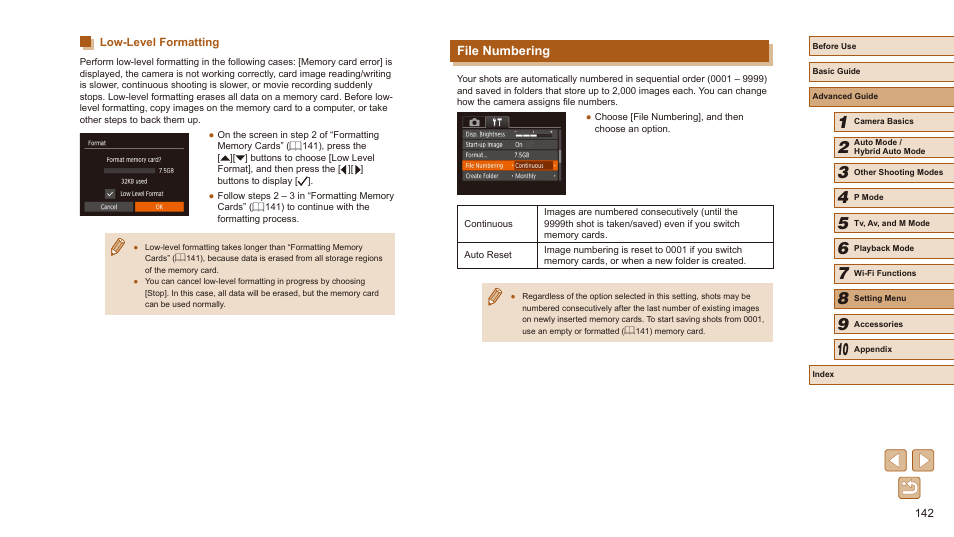 Low-level formatting, File numbering | Canon PowerShot SX540 HS User Manual | Page 142 / 186
