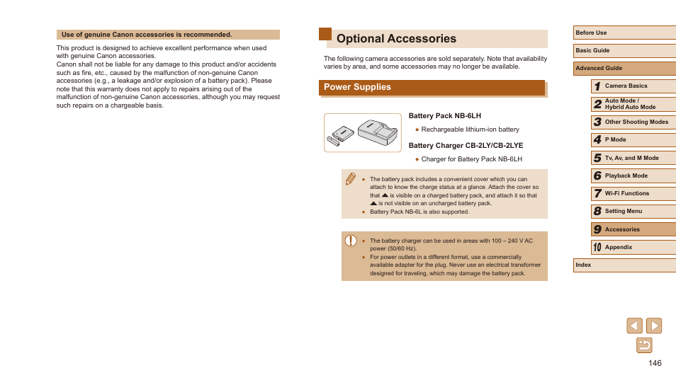 Optional accessories, Power supplies | Canon PowerShot SX540 HS User Manual | Page 146 / 186
