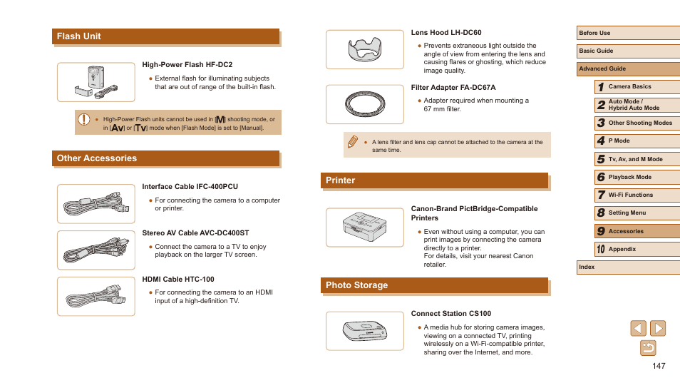 Flash unit other accessories printer photo storage, Printer, Photo storage | Flash unit, Other accessories | Canon PowerShot SX540 HS User Manual | Page 147 / 186