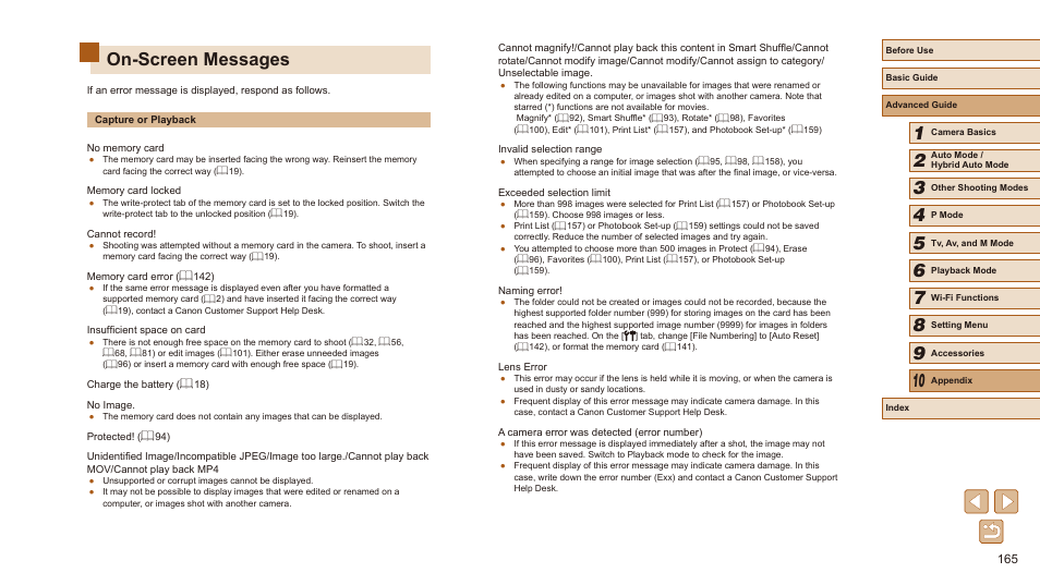 On-screen messages | Canon PowerShot SX540 HS User Manual | Page 165 / 186