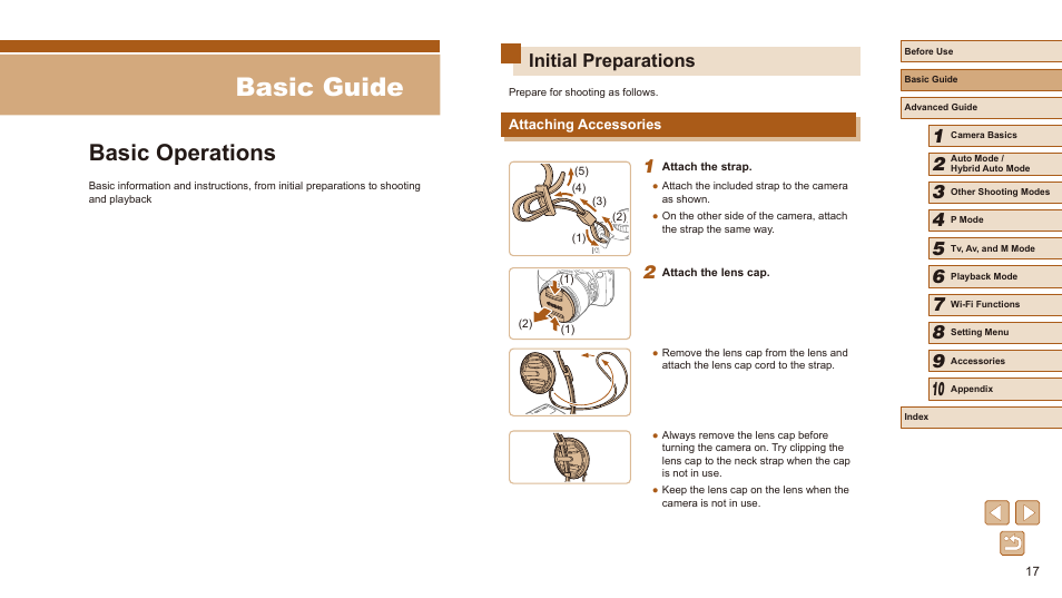Basic guide, Basic operations, Initial preparations | Attaching accessories | Canon PowerShot SX540 HS User Manual | Page 17 / 186