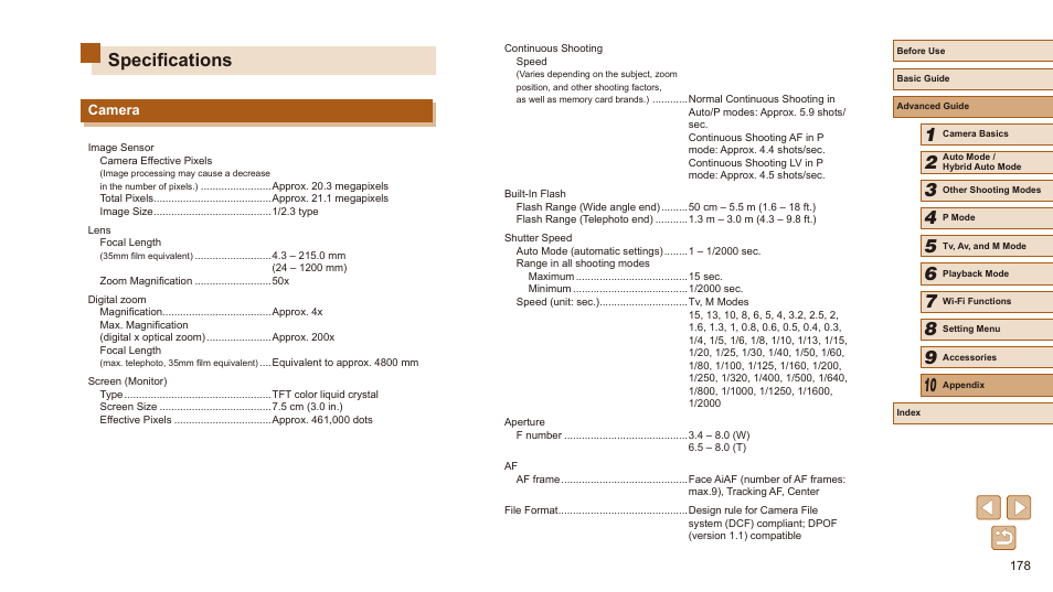 Specifications, Camera, Speed, see “camera” (= 178) | On the flash range, see “camera” (= 178), Speeds and aperture values, see “camera | Canon PowerShot SX540 HS User Manual | Page 178 / 186
