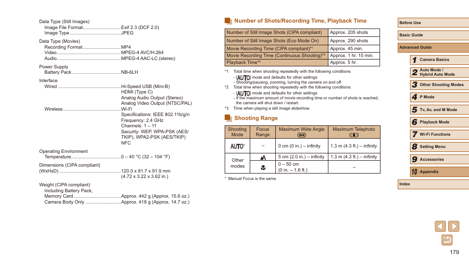 Mode, see “shooting range” (= 179), Range” (= 179) | Canon PowerShot SX540 HS User Manual | Page 179 / 186