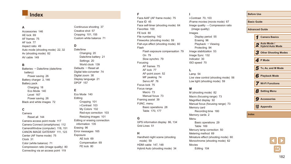 Index | Canon PowerShot SX540 HS User Manual | Page 182 / 186
