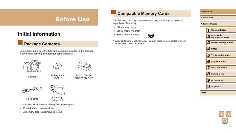 Before use, Initial information, Package contents | Canon PowerShot SX540 HS User Manual | Page 2 / 186