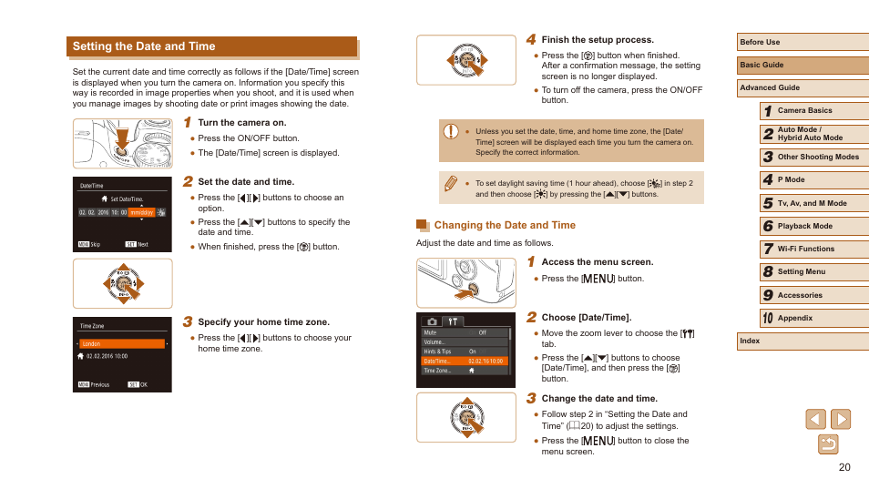 Setting the date and time, Changing the date and time | Canon PowerShot SX540 HS User Manual | Page 20 / 186