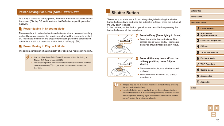 Power-saving features (auto power down), Shutter button | Canon PowerShot SX540 HS User Manual | Page 26 / 186