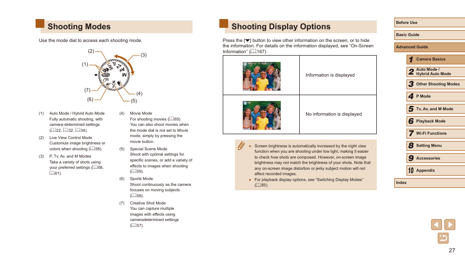 Shooting modes shooting display options, Shooting display options, Shooting modes | Canon PowerShot SX540 HS User Manual | Page 27 / 186