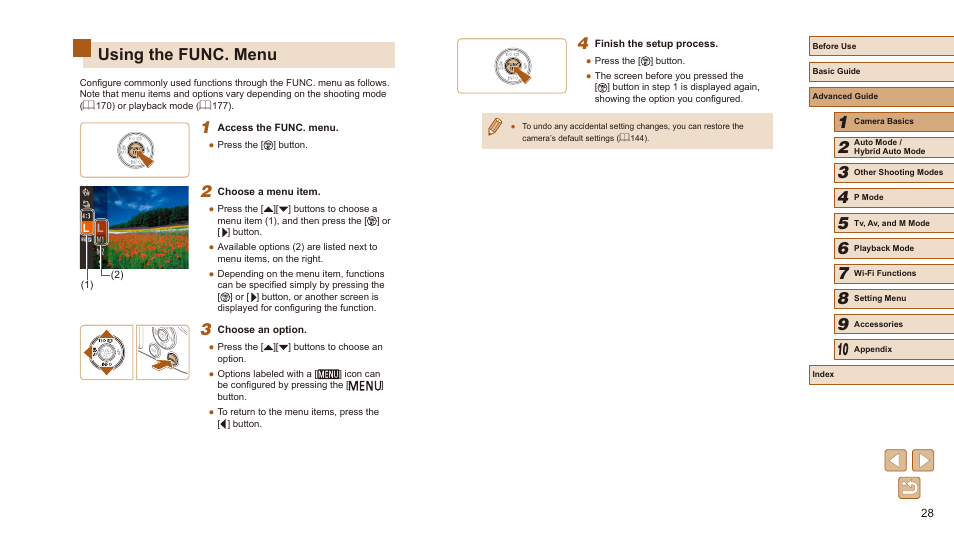 Using the func. menu | Canon PowerShot SX540 HS User Manual | Page 28 / 186