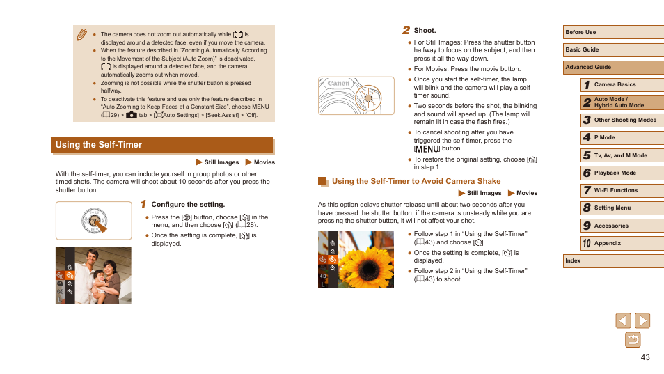 Using the self-timer, Using the self-timer to avoid camera shake | Canon PowerShot SX540 HS User Manual | Page 43 / 186