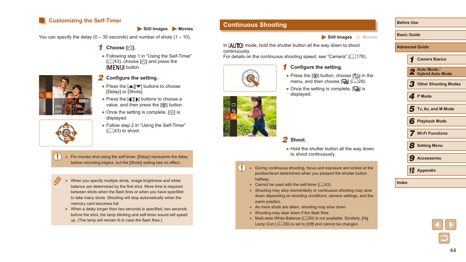 Customizing the self-timer, Continuous shooting, 44) and when | Canon PowerShot SX540 HS User Manual | Page 44 / 186