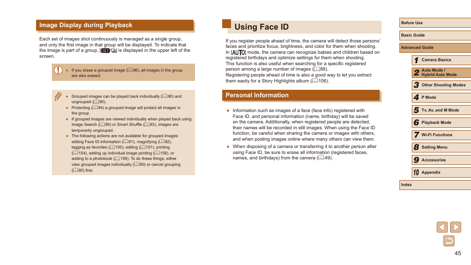 Image display during playback, Using face id, Personal information | Canon PowerShot SX540 HS User Manual | Page 45 / 186