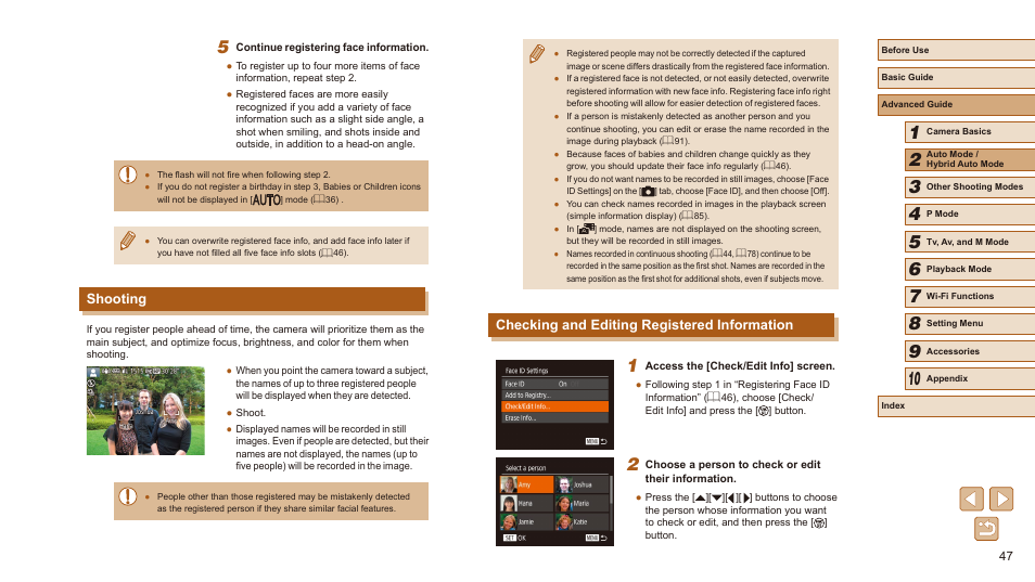 Checking and editing registered information, Shooting | Canon PowerShot SX540 HS User Manual | Page 47 / 186