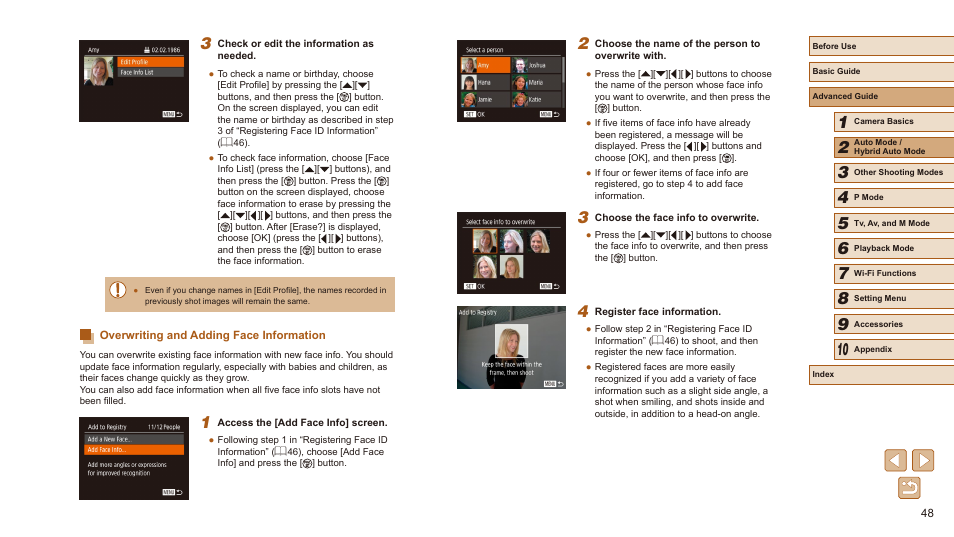 Overwriting and adding face information | Canon PowerShot SX540 HS User Manual | Page 48 / 186
