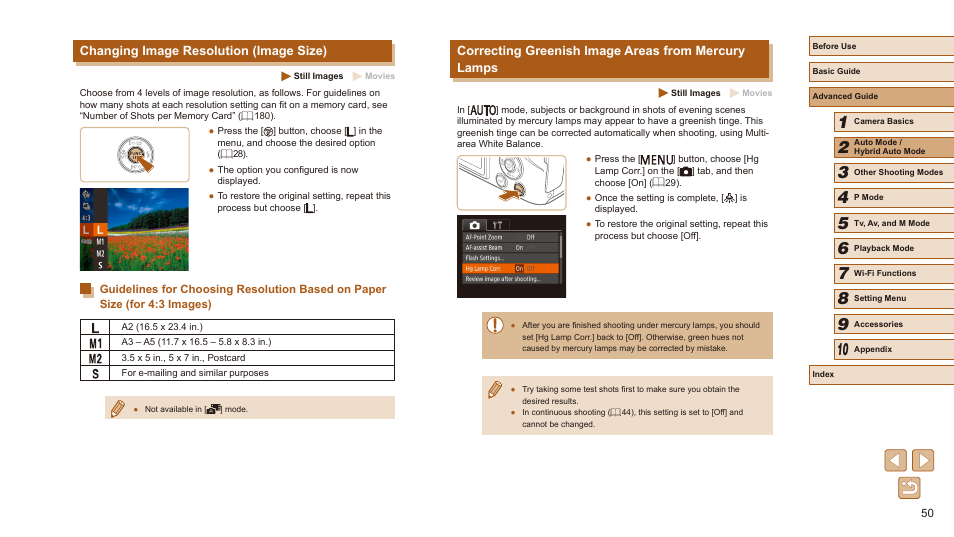 Changing image resolution (image size), Correcting greenish image areas from mercury lamps, 50) is set to [of | Canon PowerShot SX540 HS User Manual | Page 50 / 186
