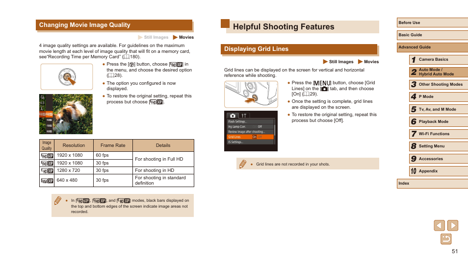 Changing movie image quality, Helpful shooting features, Displaying grid lines | Canon PowerShot SX540 HS User Manual | Page 51 / 186