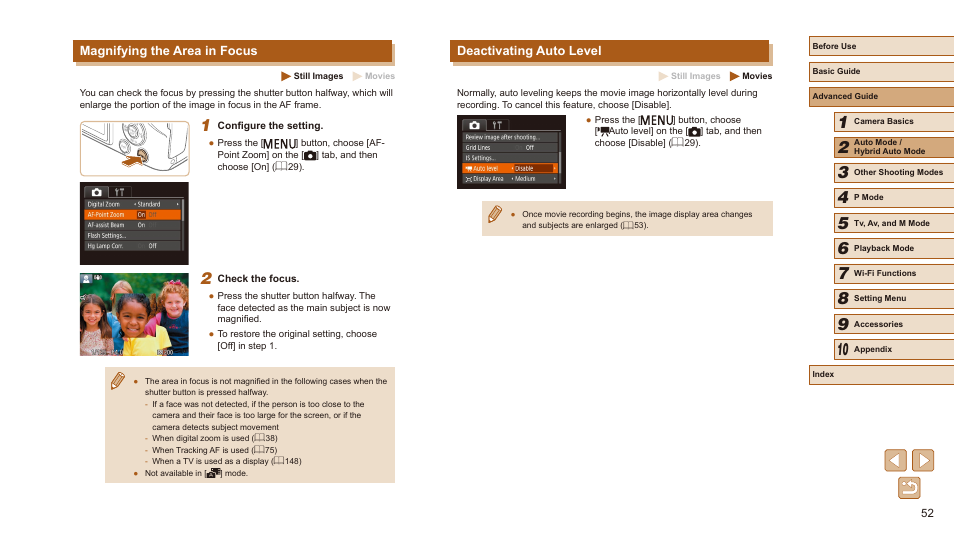 Deactivating auto level, Magnifying the area in focus | Canon PowerShot SX540 HS User Manual | Page 52 / 186
