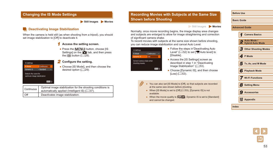 Changing the is mode settings, Deactivating image stabilization | Canon PowerShot SX540 HS User Manual | Page 53 / 186