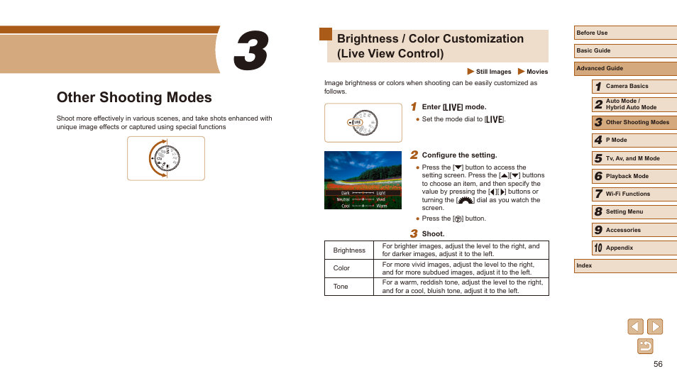 3 other shooting modes, Colors when shooting (= 56), Other shooting modes | Canon PowerShot SX540 HS User Manual | Page 56 / 186