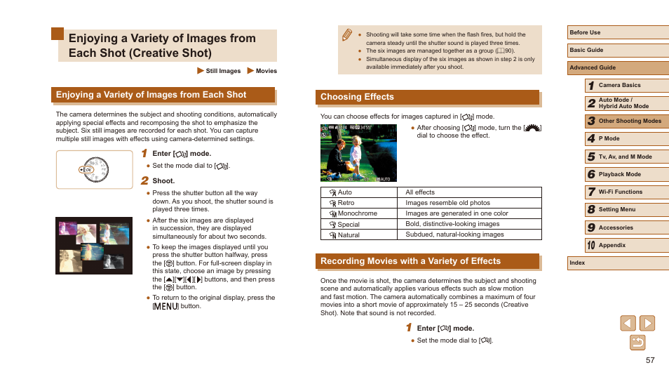 Choosing effects, Recording movies with a variety of effects, Enjoying a variety of images from each shot | Canon PowerShot SX540 HS User Manual | Page 57 / 186