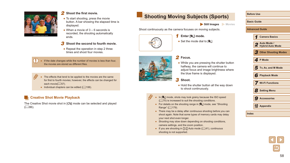 Creative shot movie playback, Shooting moving subjects (sports) | Canon PowerShot SX540 HS User Manual | Page 58 / 186