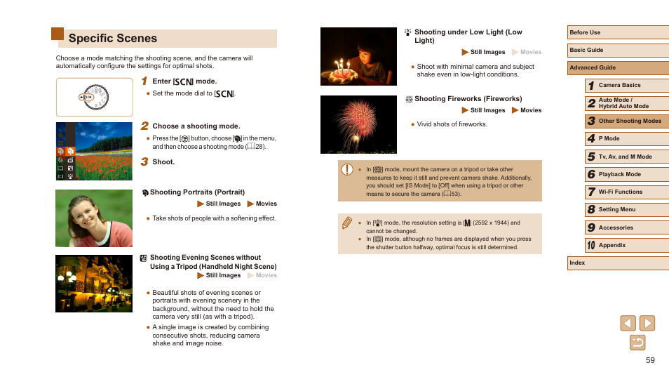 Specific scenes | Canon PowerShot SX540 HS User Manual | Page 59 / 186