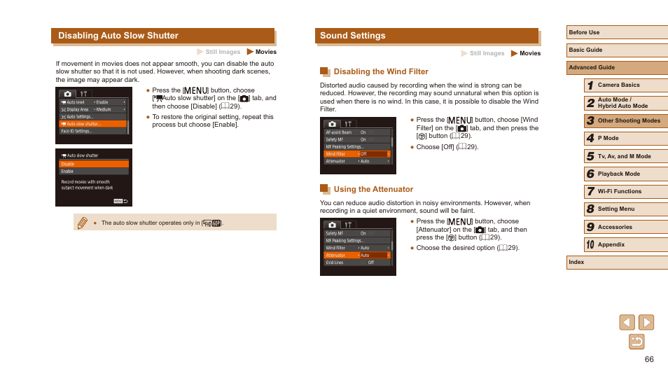 Disabling auto slow shutter sound settings, Disabling the wind filter using the attenuator, Sound settings | Disabling auto slow shutter | Canon PowerShot SX540 HS User Manual | Page 66 / 186