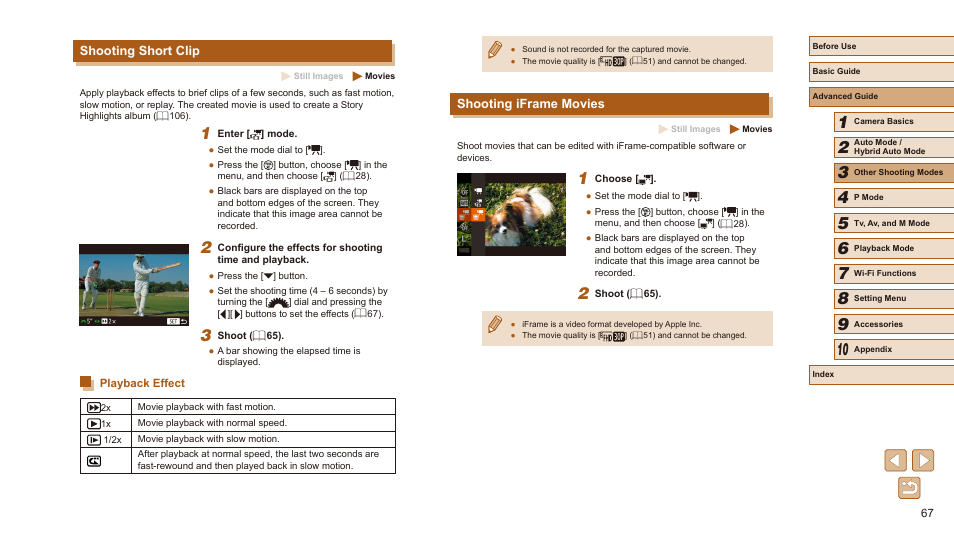 Shooting short clip, Playback effect, Shooting iframe movies | Canon PowerShot SX540 HS User Manual | Page 67 / 186