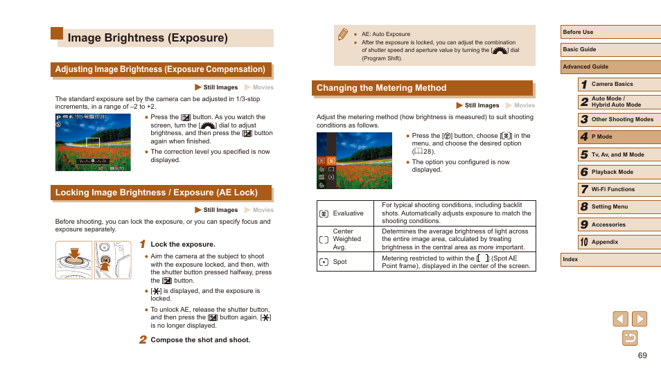 Image brightness (exposure), Changing the metering method, Adjusting image brightness (exposure compensation) | Locking image brightness / exposure (ae lock) | Canon PowerShot SX540 HS User Manual | Page 69 / 186