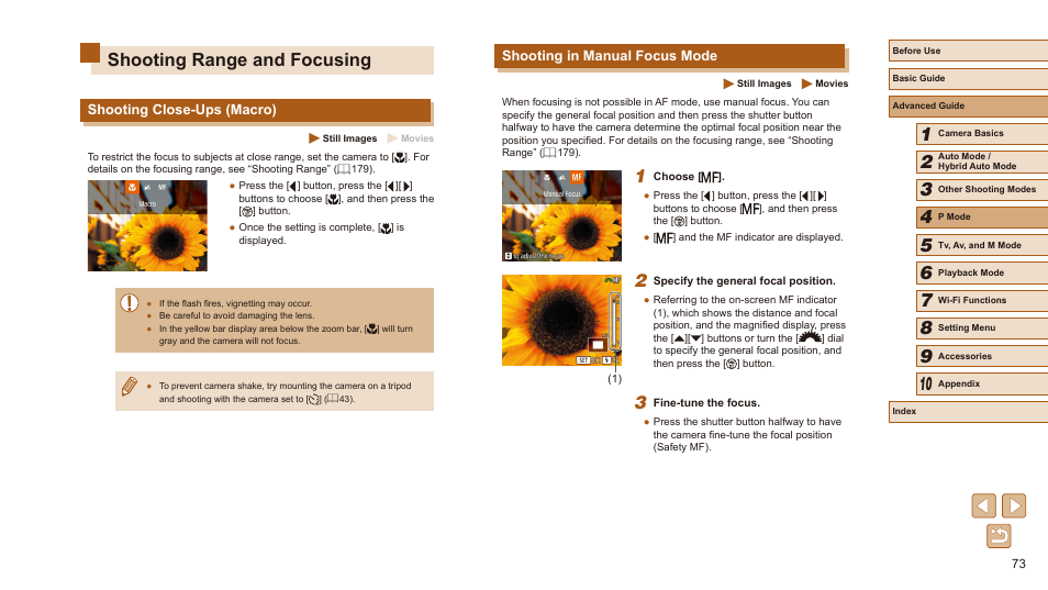 Shooting range and focusing, Shooting in manual focus mode, Shooting close-ups (macro) | Canon PowerShot SX540 HS User Manual | Page 73 / 186