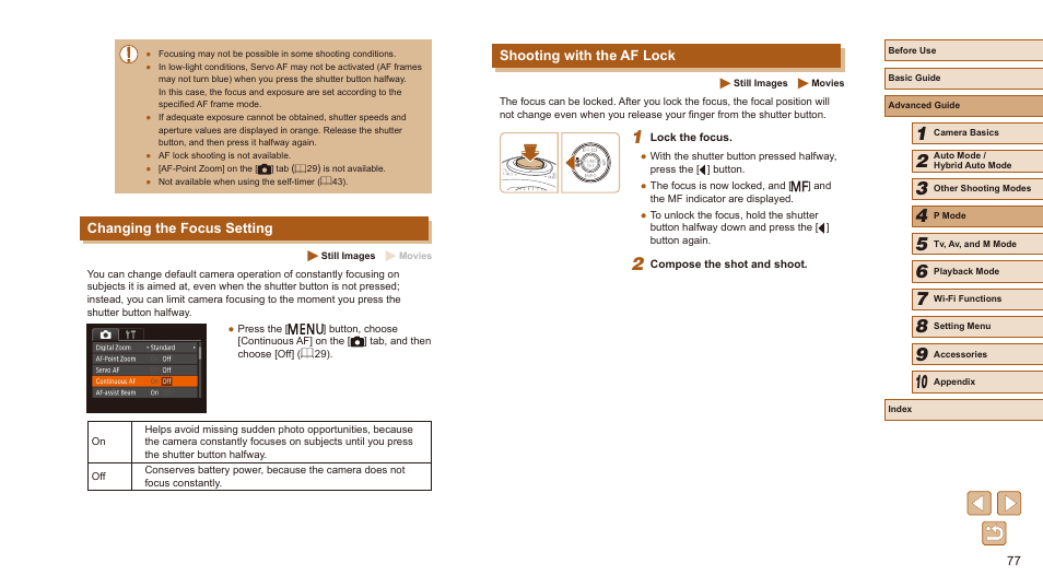 Shooting with the af lock, Changing the focus setting | Canon PowerShot SX540 HS User Manual | Page 77 / 186