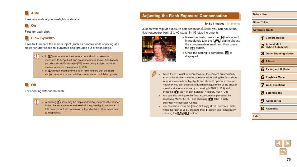 Auto on slow synchro off, Adjusting the flash exposure compensation | Canon PowerShot SX540 HS User Manual | Page 79 / 186