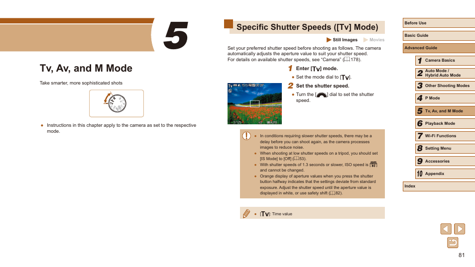 5 tv, av, and m mode, Specific shutter speeds ([tv] mode), During long exposures (= 81 | Tv, av, and m mode | Canon PowerShot SX540 HS User Manual | Page 81 / 186