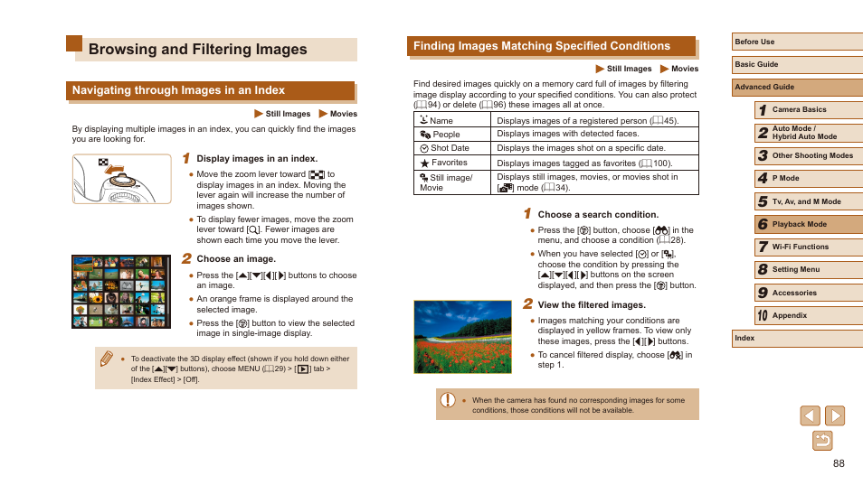 Browsing and filtering images, Person among a large number of images (= 88), 88) or smart shuffle | Search images for them (= 88), Finding images matching specified conditions, Navigating through images in an index | Canon PowerShot SX540 HS User Manual | Page 88 / 186