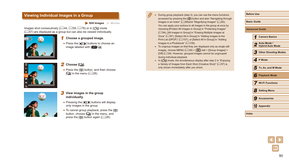 Viewing individual images in a group, 90) and ungrouped (= 90), 90) or cancel grouping (= 90) first | Canon PowerShot SX540 HS User Manual | Page 90 / 186