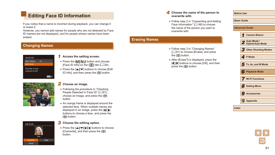 Editing face id information, Changing names erasing names, 91), magnifying | 91), or, Ou can also erase names recorded in images (= 91) | Canon PowerShot SX540 HS User Manual | Page 91 / 186